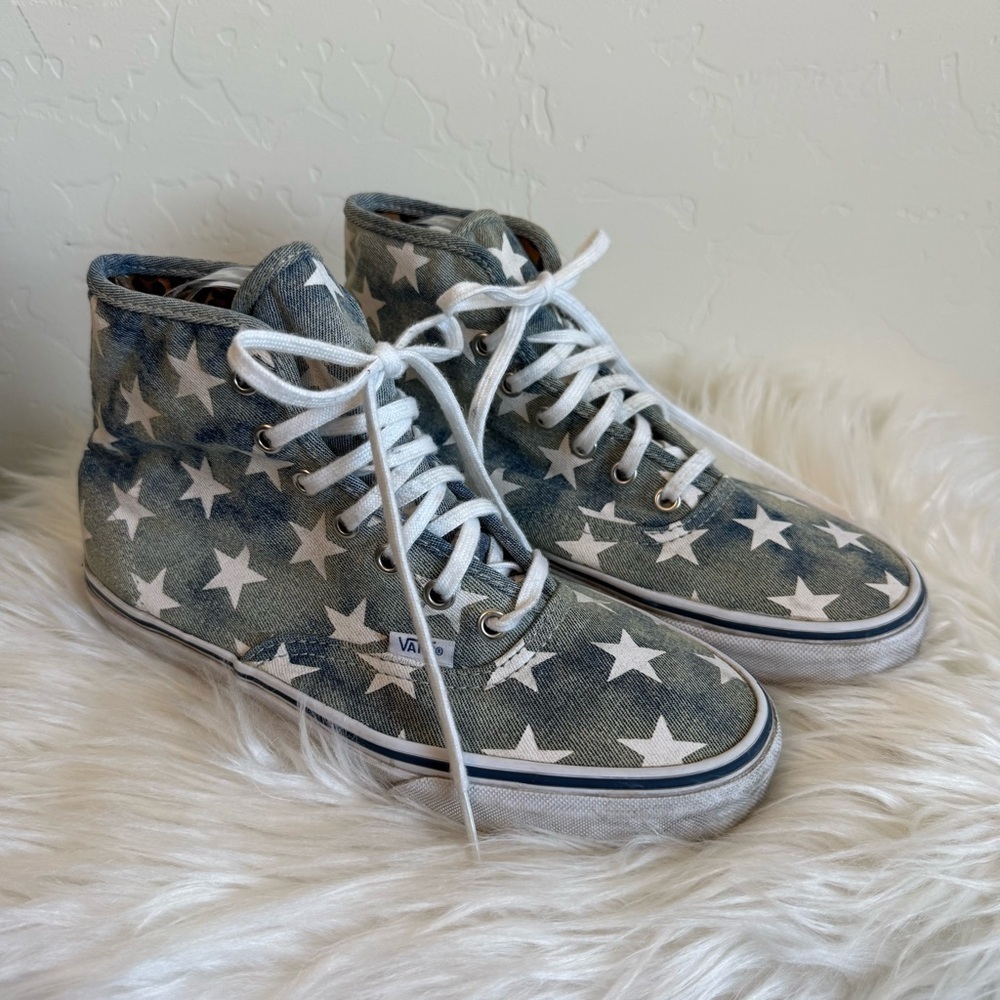Vans Authentic HI Wash Blue Denim Star Leopard Lined High-Top Sneakers Size 8